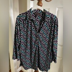 Dana Buchman Black, Teal, and Purple Patterned Blouse